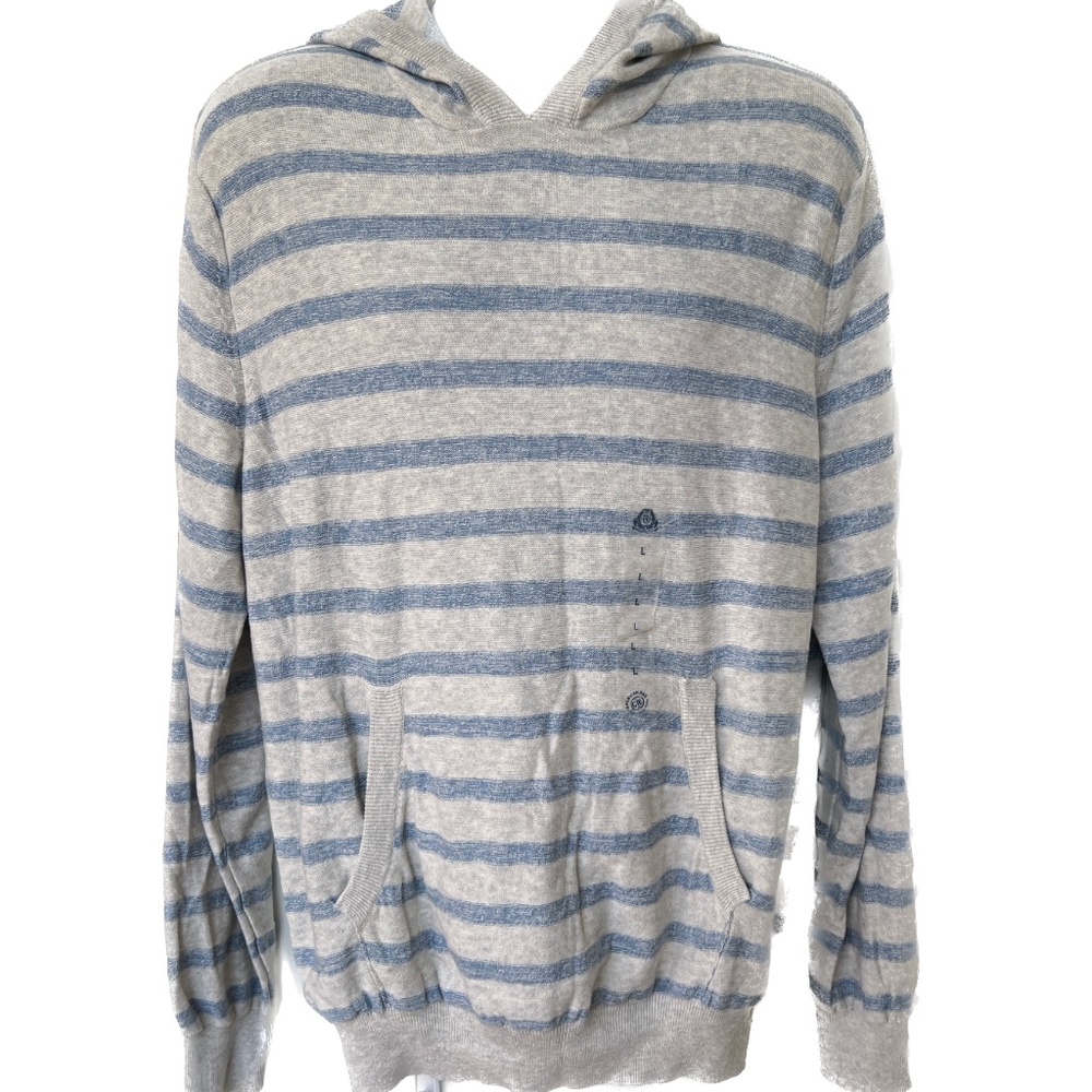 American Rag Mens Sweater w. Hood Blue Gray Striped Size Large 100% Cotton New